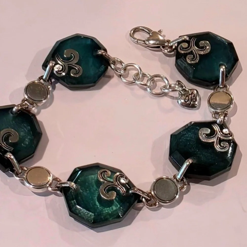 Brighton Silver Plated Octagon Jade‎ Green Stone Bracelet Jewelry